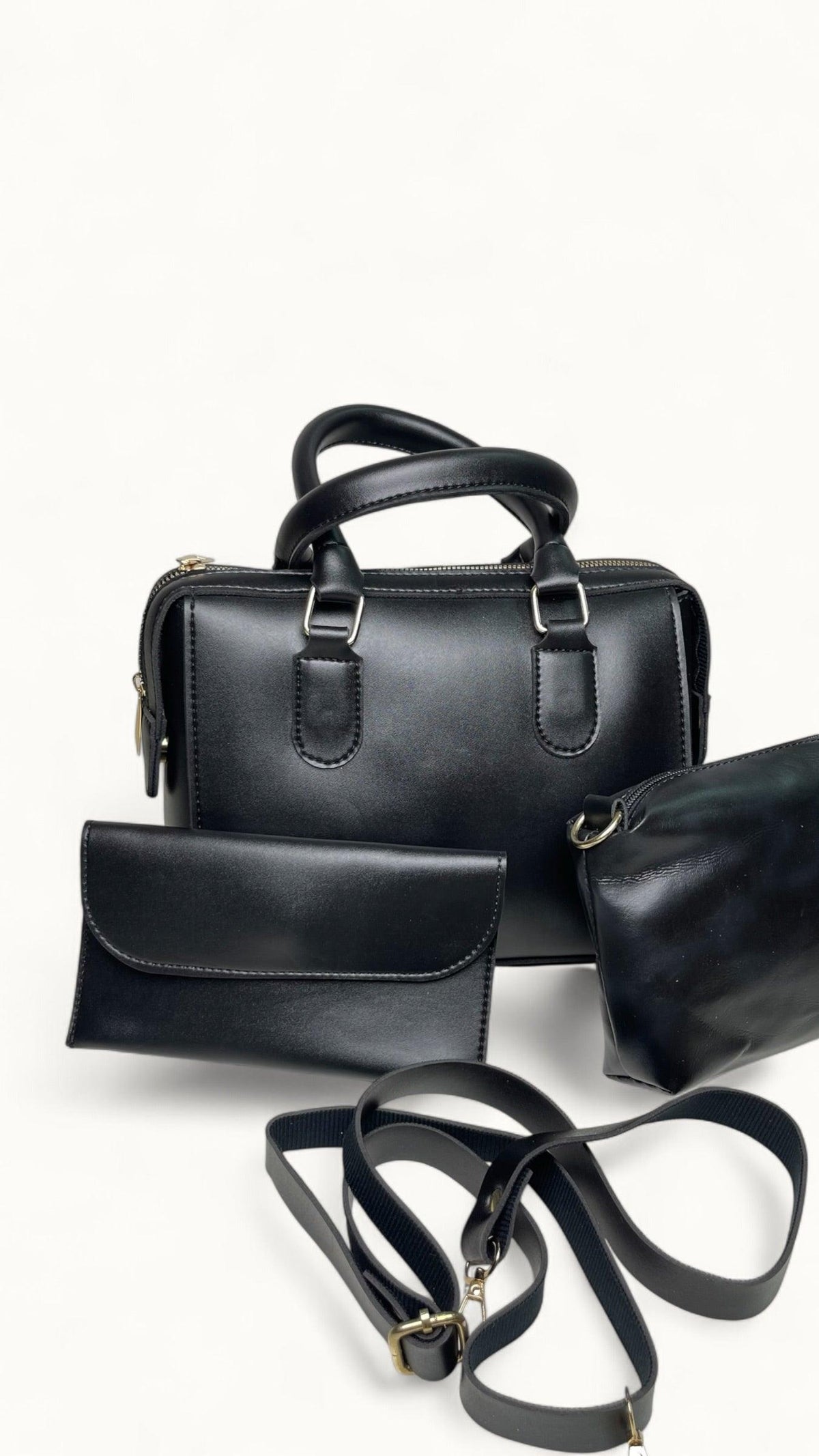 Charmé Vogue 3-piece black handbag set with wallet and pouch