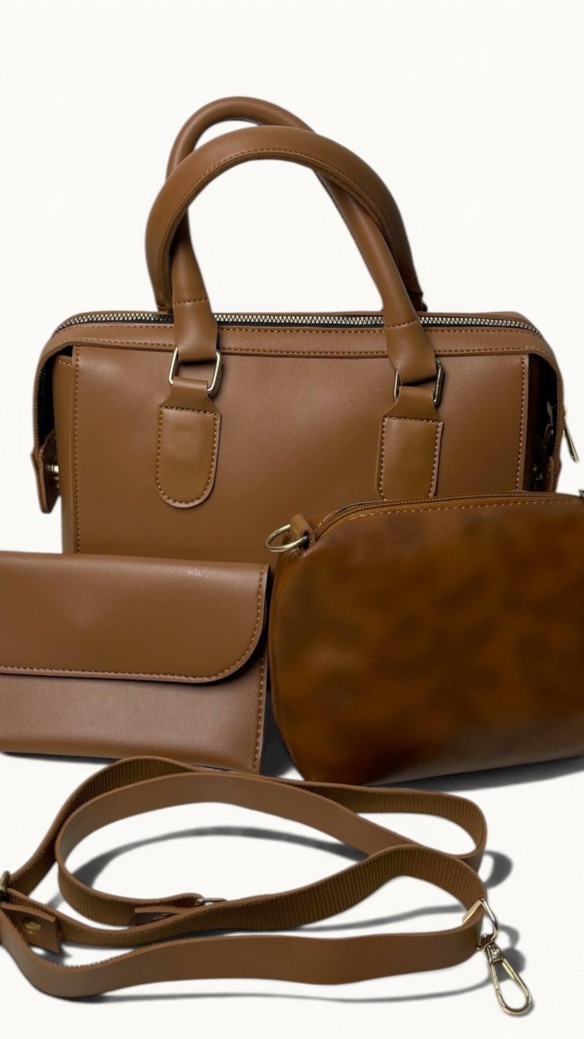 Charmé Vogue 3-piece brown handbag set with wallet and pouch