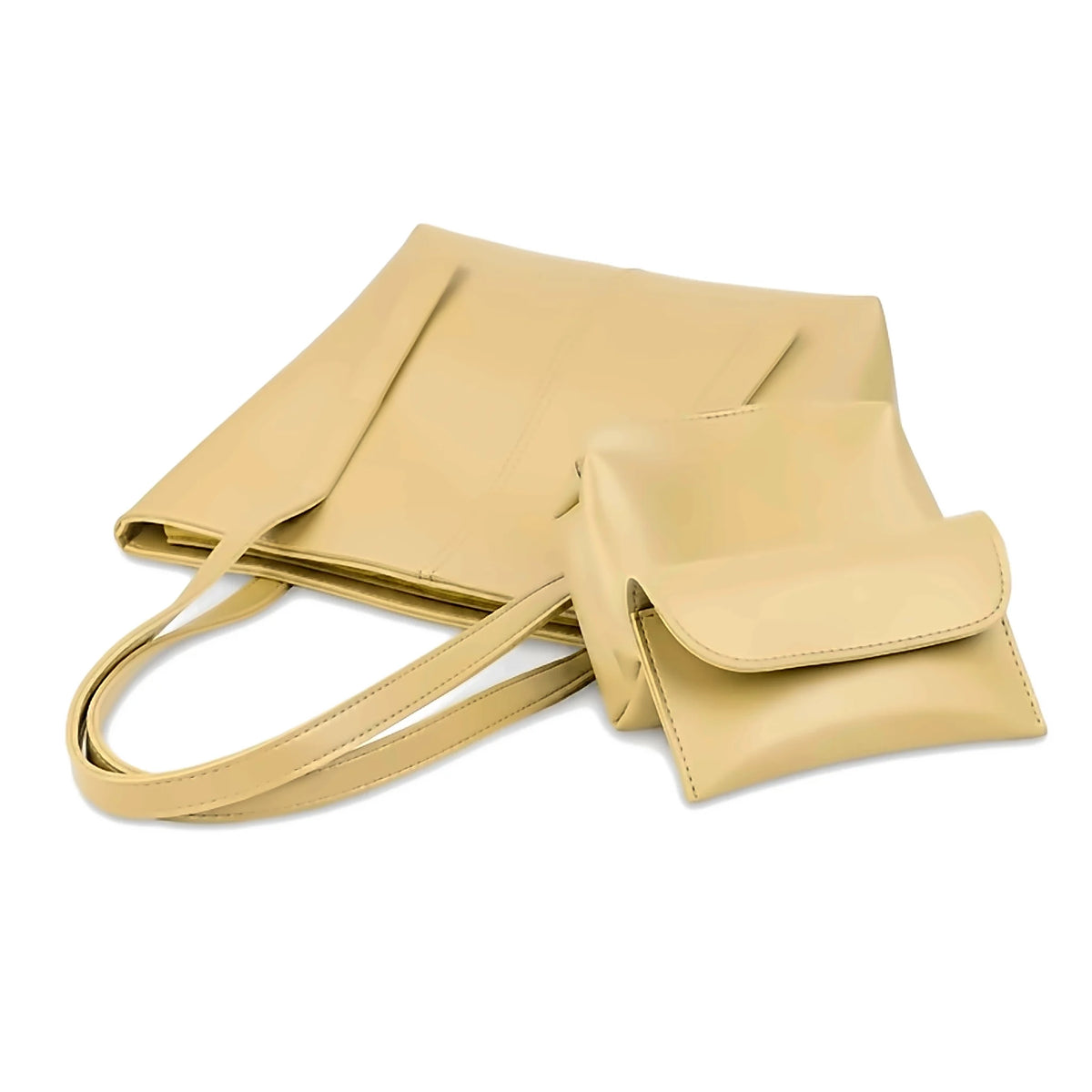 Beige tote bag, zip pouch and flap wallet set for women